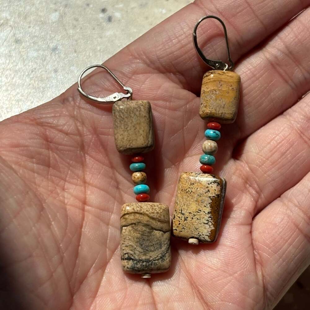 Sterling Silver Picture Jasper & Turquoise Southwestern Dangle Earrings 925